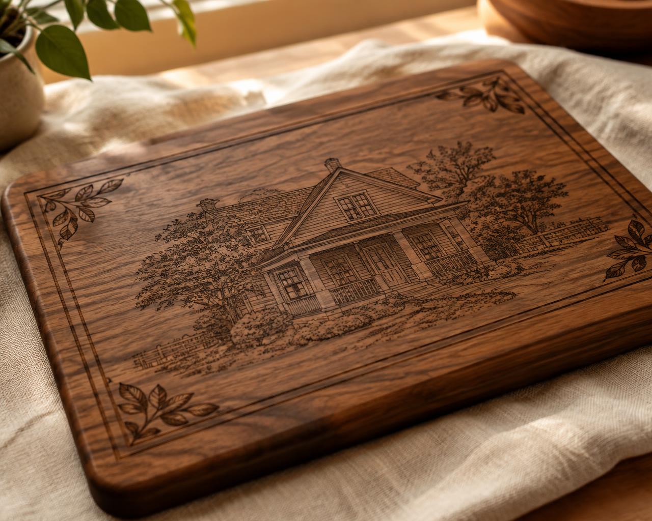 Walnut cutting board engraved with a detailed house illustration