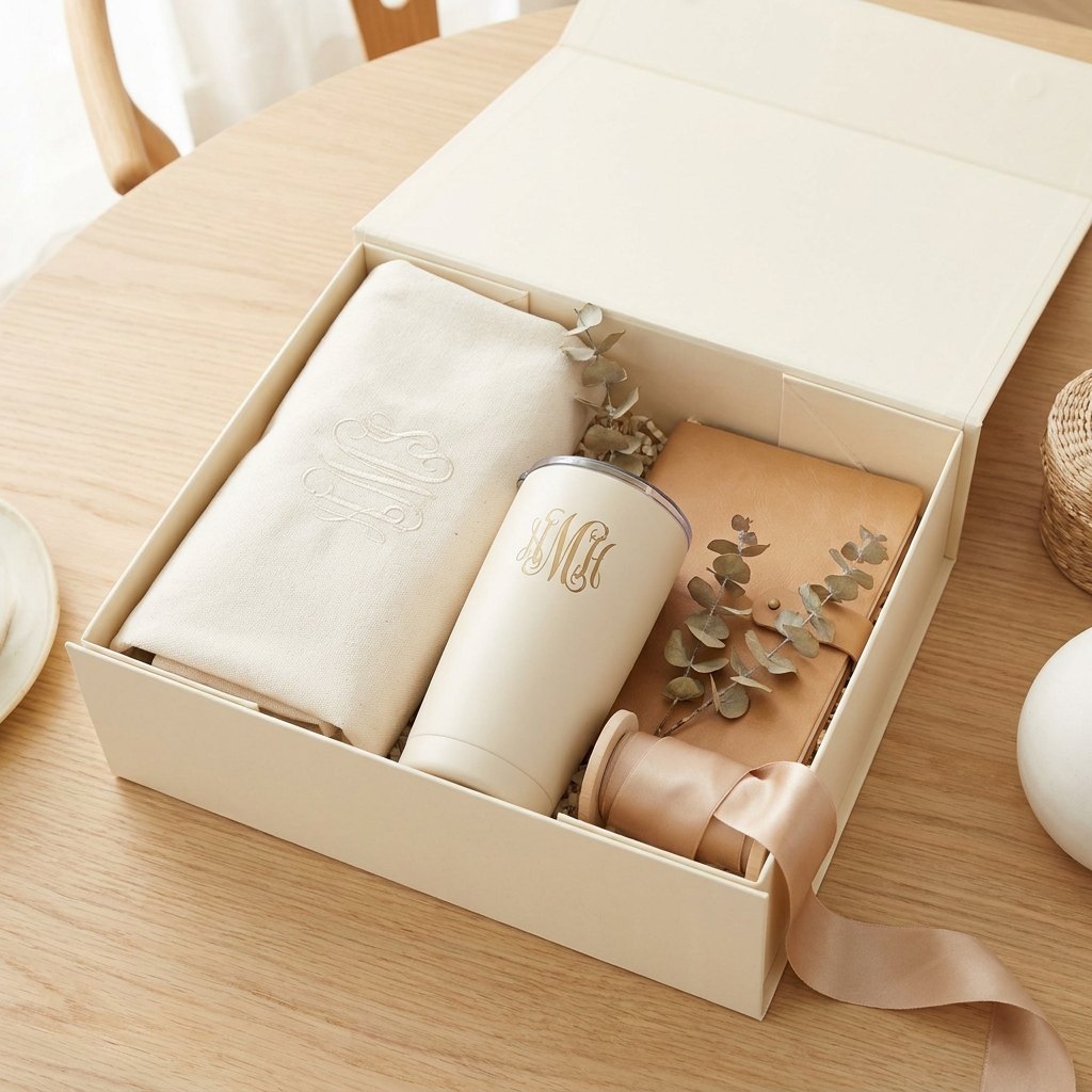 Bridal party gift box with personalized tumbler and tote